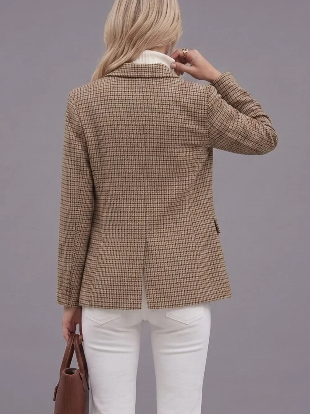Women's Wool Plaid Double Breasted Blazer Retro Casual Office Work Jacket Coat - Picture 2 of 5